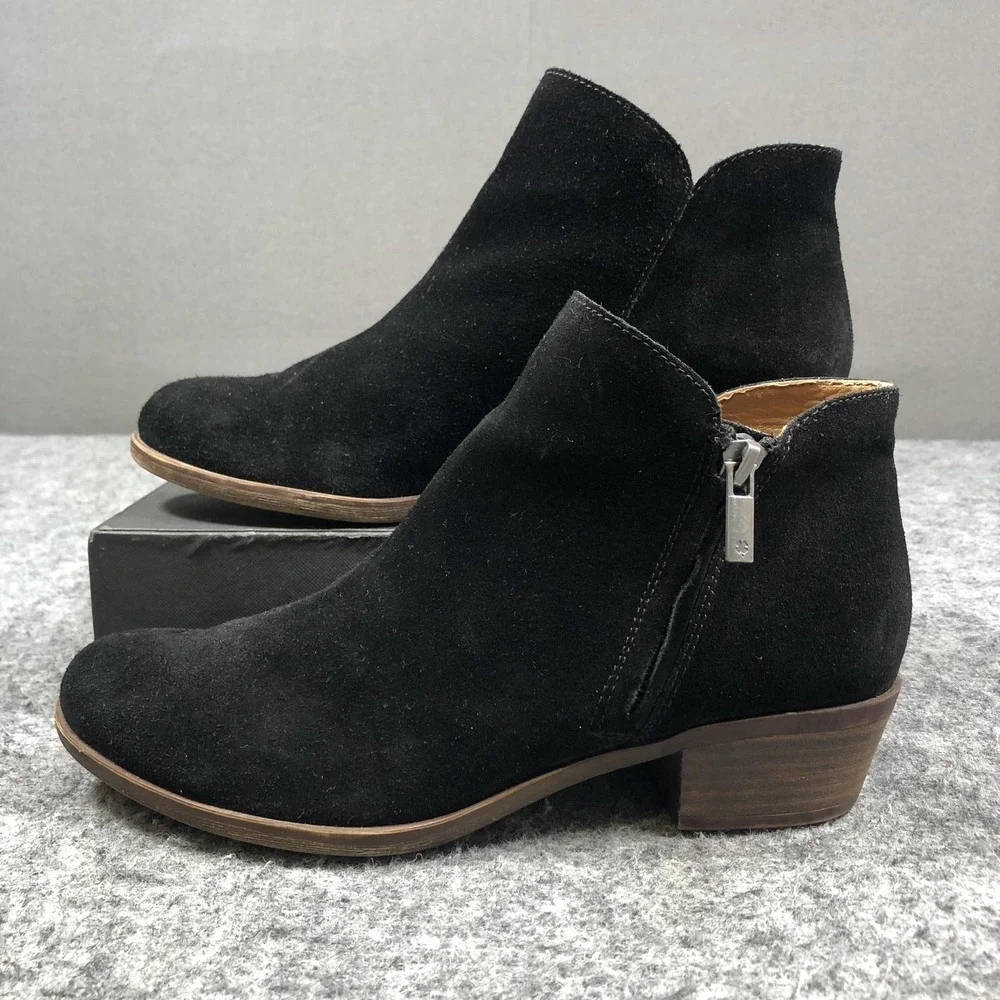 Lucky Brand Barough Booties Womens 7.5M Black Suede Block Heel Zip LP-BAROUGH